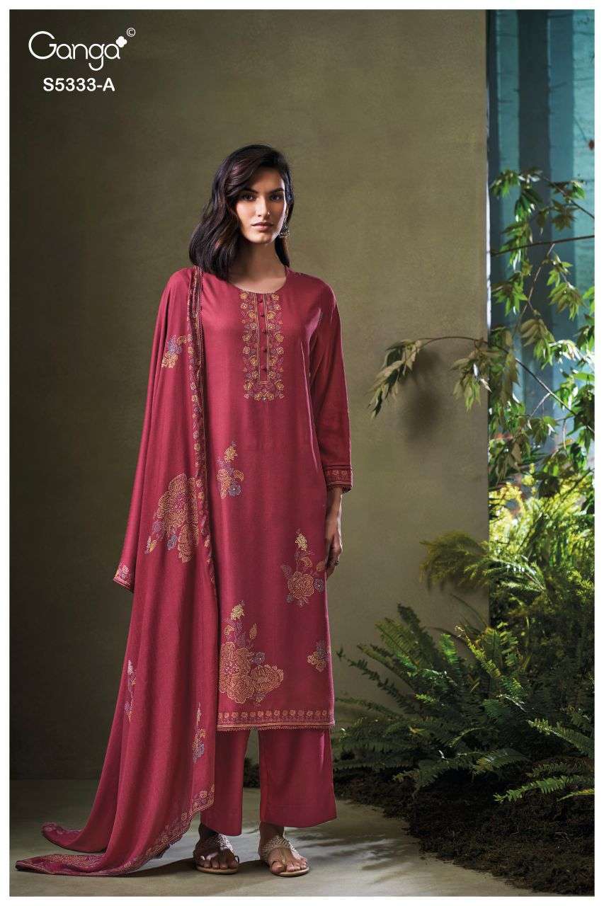 CRUZTHA SERIES 5333 BY GANGA DESIGNER PRINTED WITH HAND WORK AND SCHIFFLI EMBROIDERY WORK WOOL PASHMINA SUITS ARE AVAILABLE AT WHOLESALE PRICE