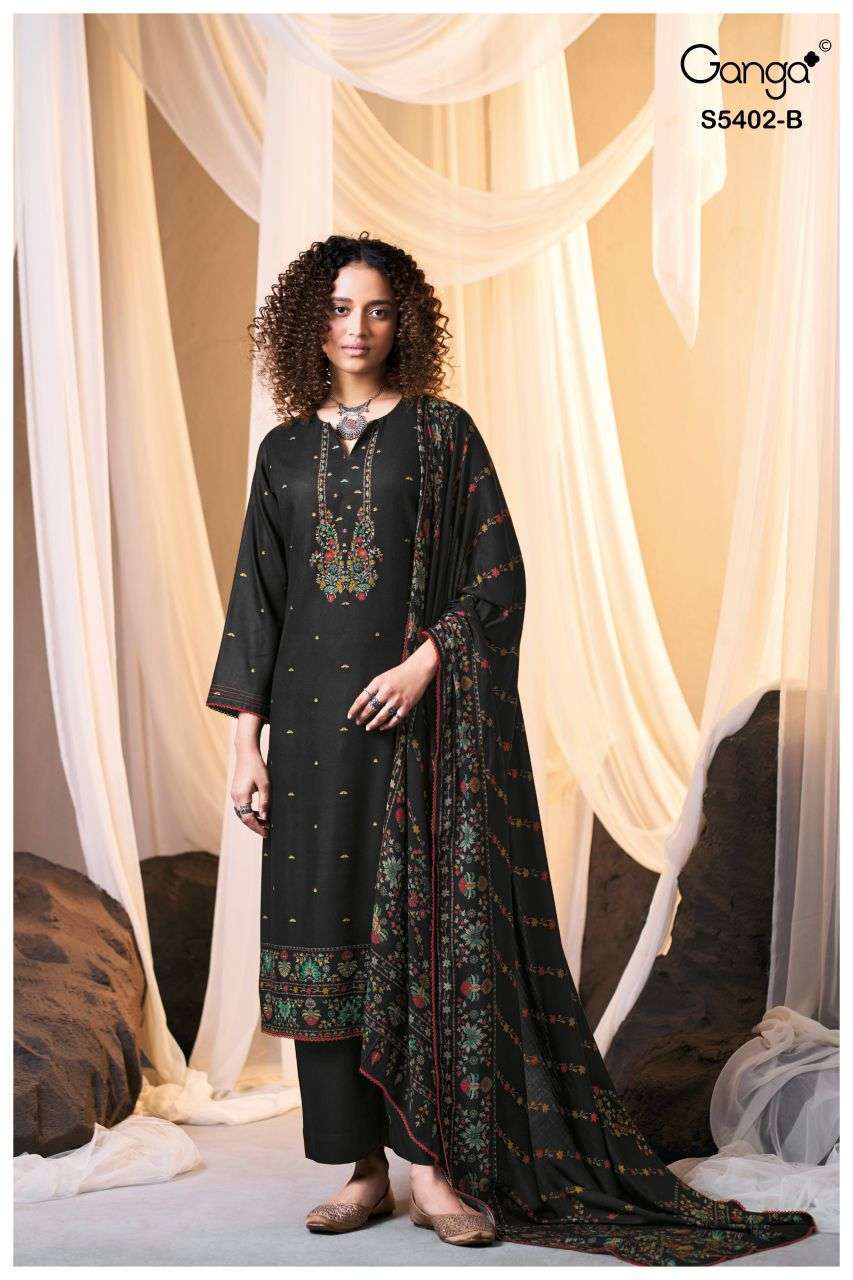 DAELIRA SERIES 5402 BY GANGA DESIGNER PRINTED WITH HAND EMBROIDERY AND HAND WORK WOOL PASHMINA SUITS ARE AVAILABLE AT WHOLESALE PRICE 