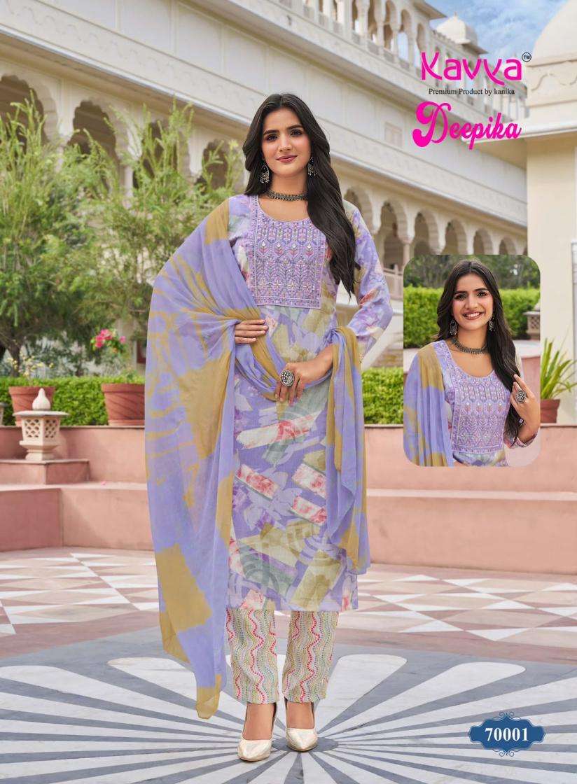 DEEPIKA VOL-70 SERIES 70001 TO 70010 BY KAVYA DESIGNER PRINTED AND WORK CAPSULE KURTI WITH BOTTOM AND DUPATTA ARE AVAILABLE AT WHOLESALE PRICE