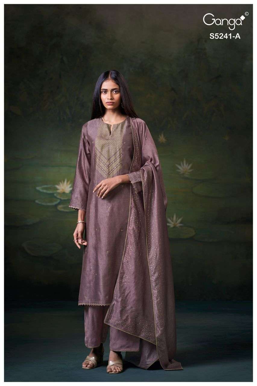 DEYMTH SERIES 5241 BY GANGA DESIGNER FOIL PRINT EMBROIDERY WORK BEMBERG RAW SILK SUITS ARE AVAILABLE AT WHOLESALE PRICE