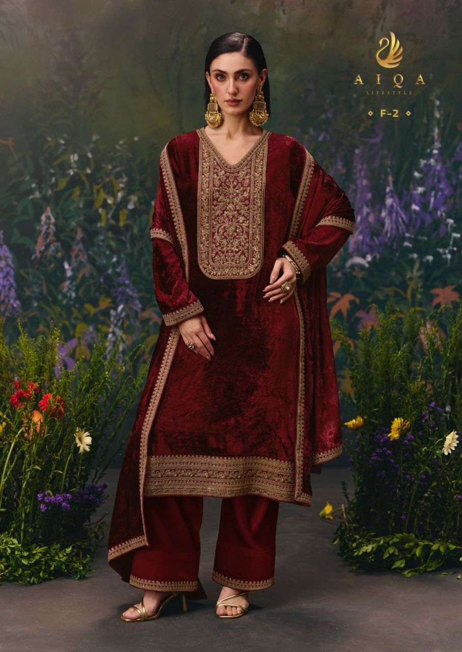 DIVINE ELEGANCE SERIES F1 TO F6 BY AIQA DESIGNER FANC WORK VISCOSE VELVET SUITS ARE AVAILABLE AT WHOLESALE PRICE