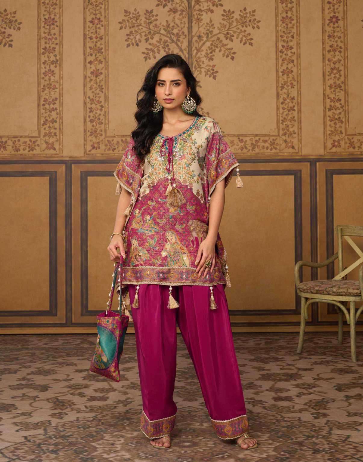 DORI SERIES 20111 TO 20114 BY SAYURI DESIGNER MIRROR WORK VISCOS POSITION JACQUARD SILK KAFTAN WITH FARSHI STYLE BOTTOM AND POTLI AVAILABLE AT WHOLESALE PRICE