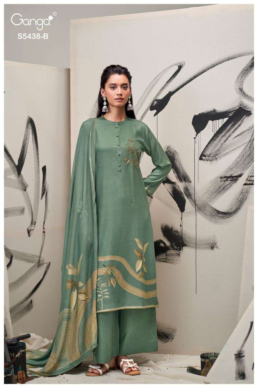 DREAKA SERIES 5438 BY GANGA DESIGNER PRINTED WITH EMBROIDERY WORK WOOL PASHMINA SUITS ARE AVAILABLE AT WHOLESALE PRICE