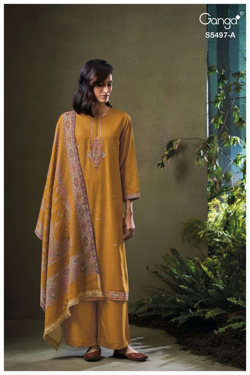 ELNAZ SERIES 5497 BY GANGA DESIGNER EMBROIDERY WORK PASHMINA SUITS ARE AVAILABLE AT WHOLESALE PRICE