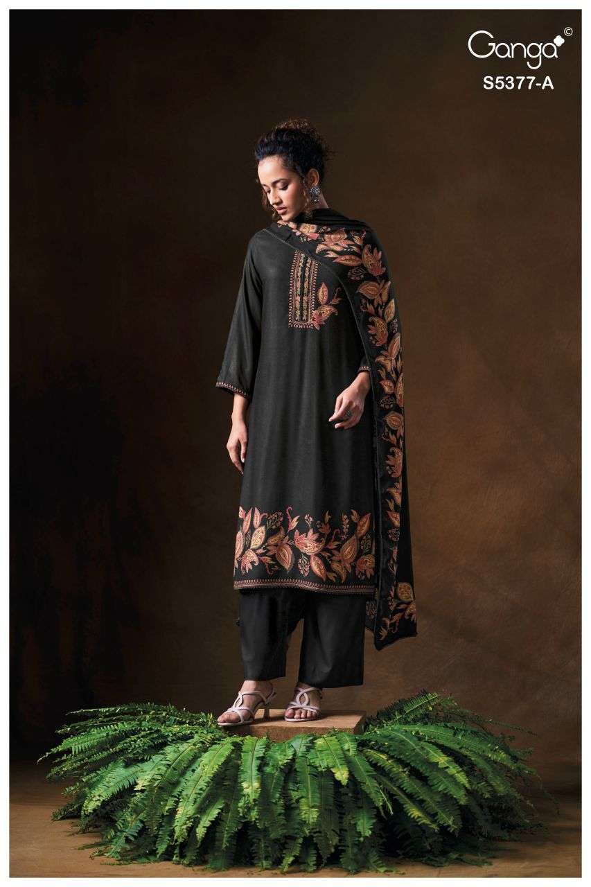 ELOISNA SERIES 5377 BY GANGA DESIGNER PRINTED WITH HAND WORK AND EMBROIDERY WORK WOOL PASHMINA SUITS ARE AVAILABLE AT WHOLESALE PRICE
