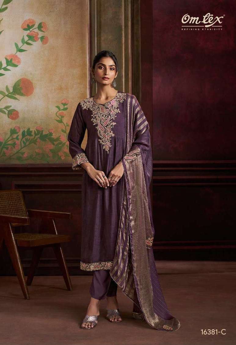 ESHA SERIES 16381 BY OMTEX DESIGNER EMBROIDERY WORK RAW SATIN SILK SUITS ARE AVAILABLE AT WHOLESALE PRICE