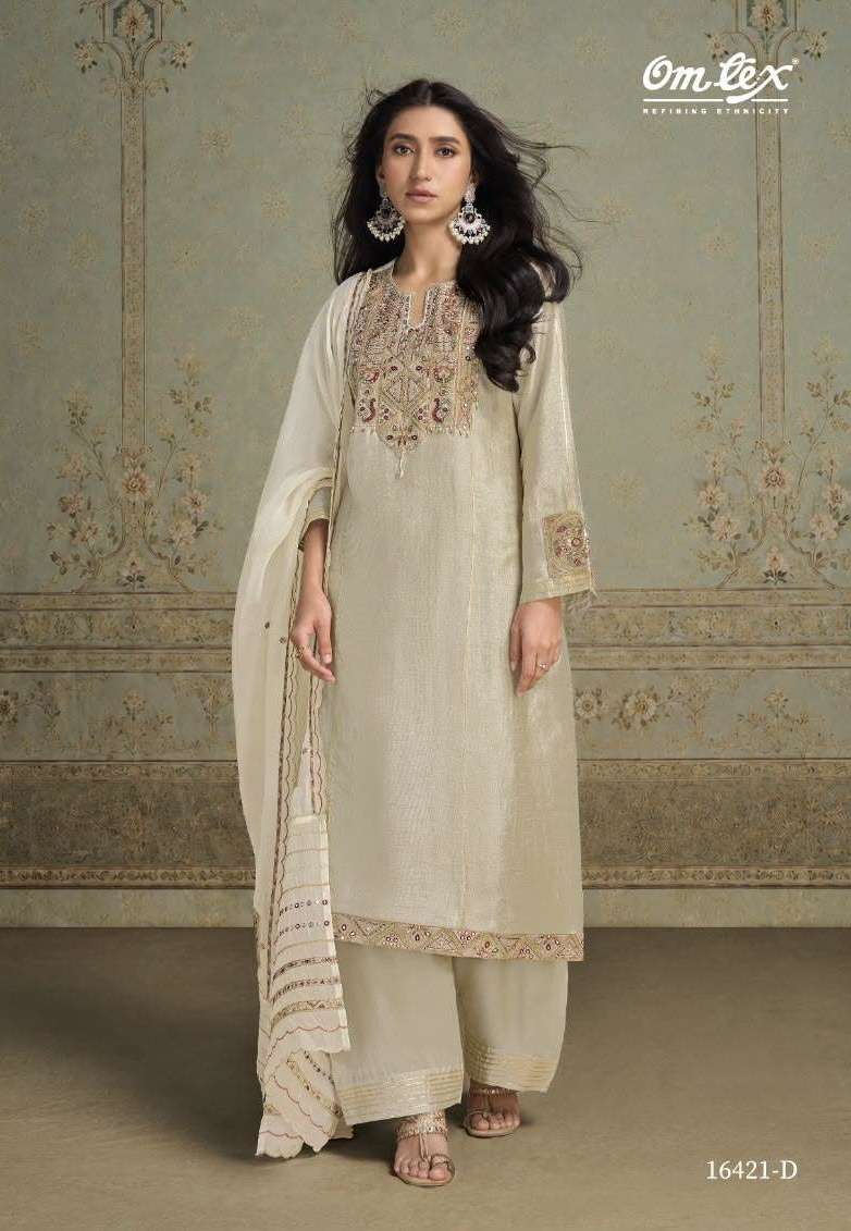 EVELIA SERIES 16421 BY OMTEX DESIGNER EMBROIDERY PATCH WORK AND HAND WORK BEMBERG RAW SILK SUITS ARE AVAILABLE AT WHOLESALE PRICE 