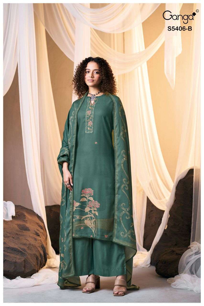 EVIESA SERIES 5406 BY GANGA DESIGNER PRINTED WITH HAND WORK AND SCHIFFLI EMBROIDERY WORK WOOL PASHMINA SUITS ARE AVAILABLE AT WHOLESALE PRICE