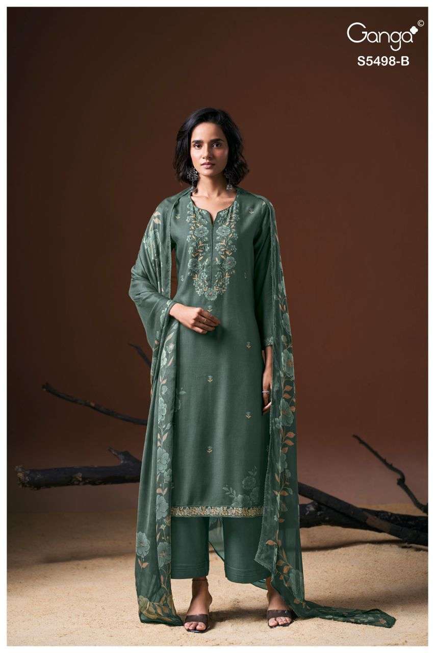 FAEZA SERIES 5498 BY GANGA DESIGNER PRINTED WITH EMBROIDERY AND SWAROVASKI WORK WOOL PASHMINA SUITS ARE AVAILABLE AT WHOLESALE PRICE