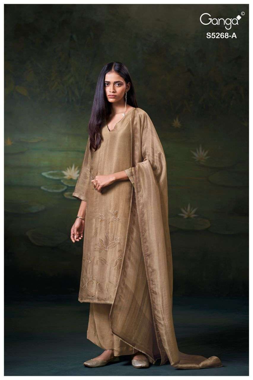FALONA SERIES 5268 BY GANGA DESIGNER PRINTED WITH HAND EMBROIDERY AND HAND WORK BEMBERG SILK JACQUARD SUITS ARE AVAILABLE AT WHOLESALE PRICE