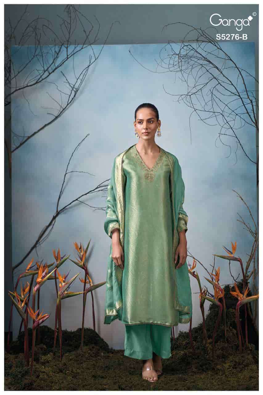 FARIKA SERIES 5276 BY GANGA DESIGNER EMBROIDERY AND HAND WORK BEMBERG SILK JACQUARD SUITS ARE AVAILABLE AT WHOLESALE PRICE