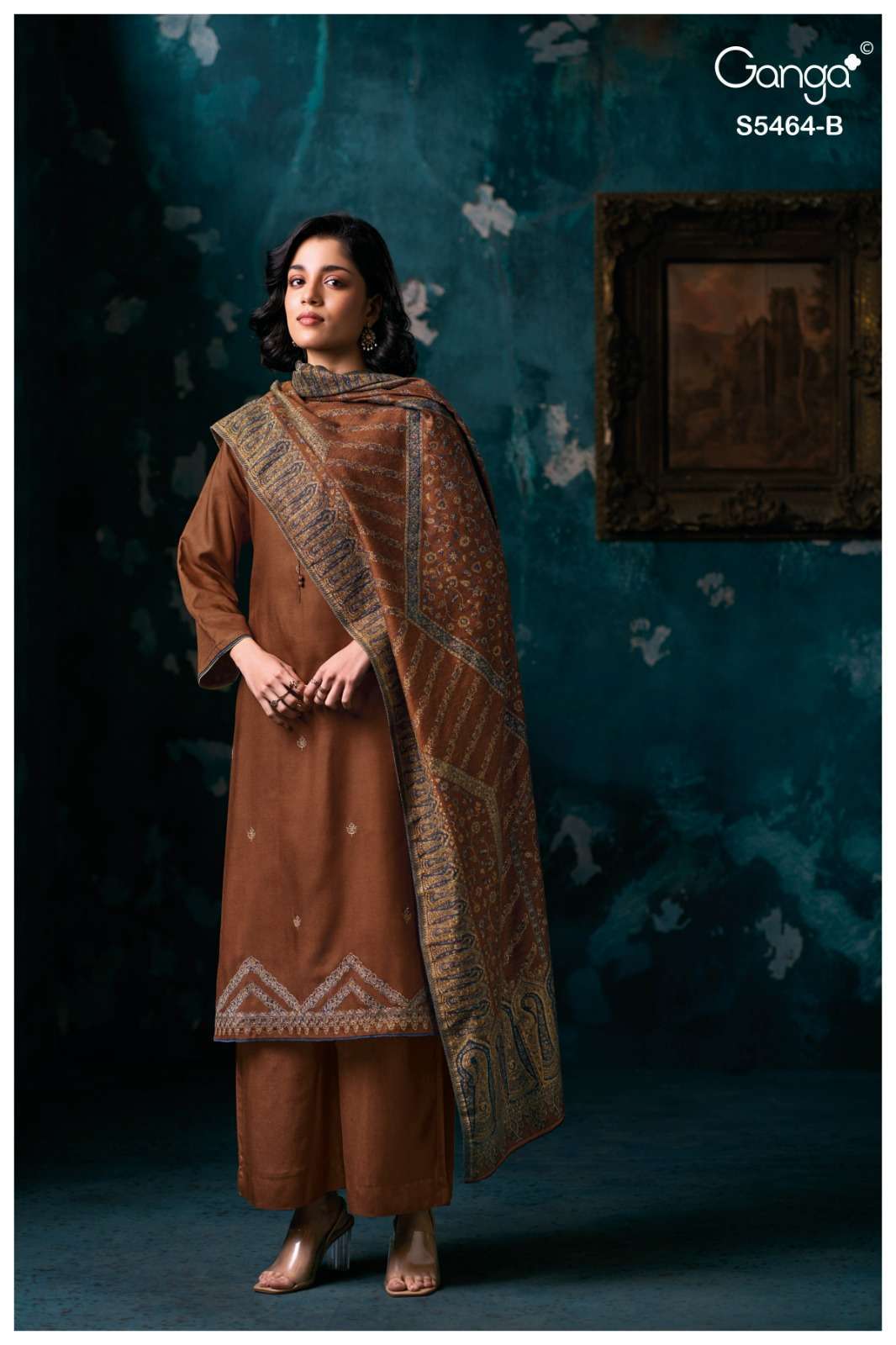 FARINA SERIES 5464 BY GANGA DESIGNER DIGITAL PRINTED WITH EMBROIDERY AND POTLI WORK WOOL PASHMINA SUITS ARE AVAILABLE AT WHOLESALE PRICE 