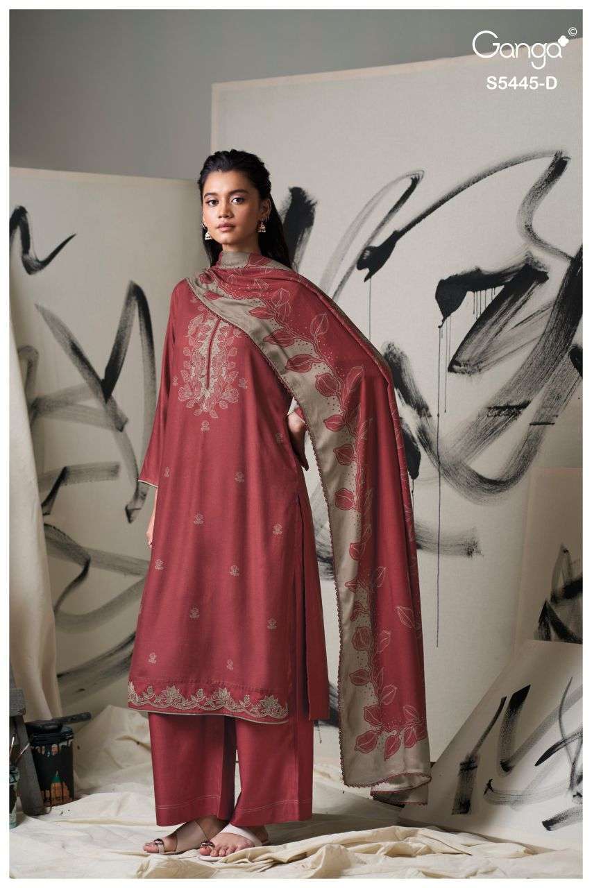 FIORELLA SERIES 5445 BY GANGA DESIGNER PRINTED WITH HAND SWAROVSKI WORK WOOL PASHMINA SUITS ARE AVAILABLE AT WHOLESALE PRICE