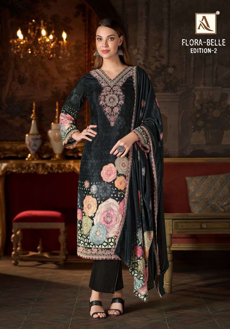 FLORA BELLE EDITION-2 SERIES 3114 BY ALOK SUITS DESIGNER DIGITAL PRINTED AND EMBROIDERY WORK MUSLIN SUITS ARE AVAILABLE AT WHOLESALE PRICE 