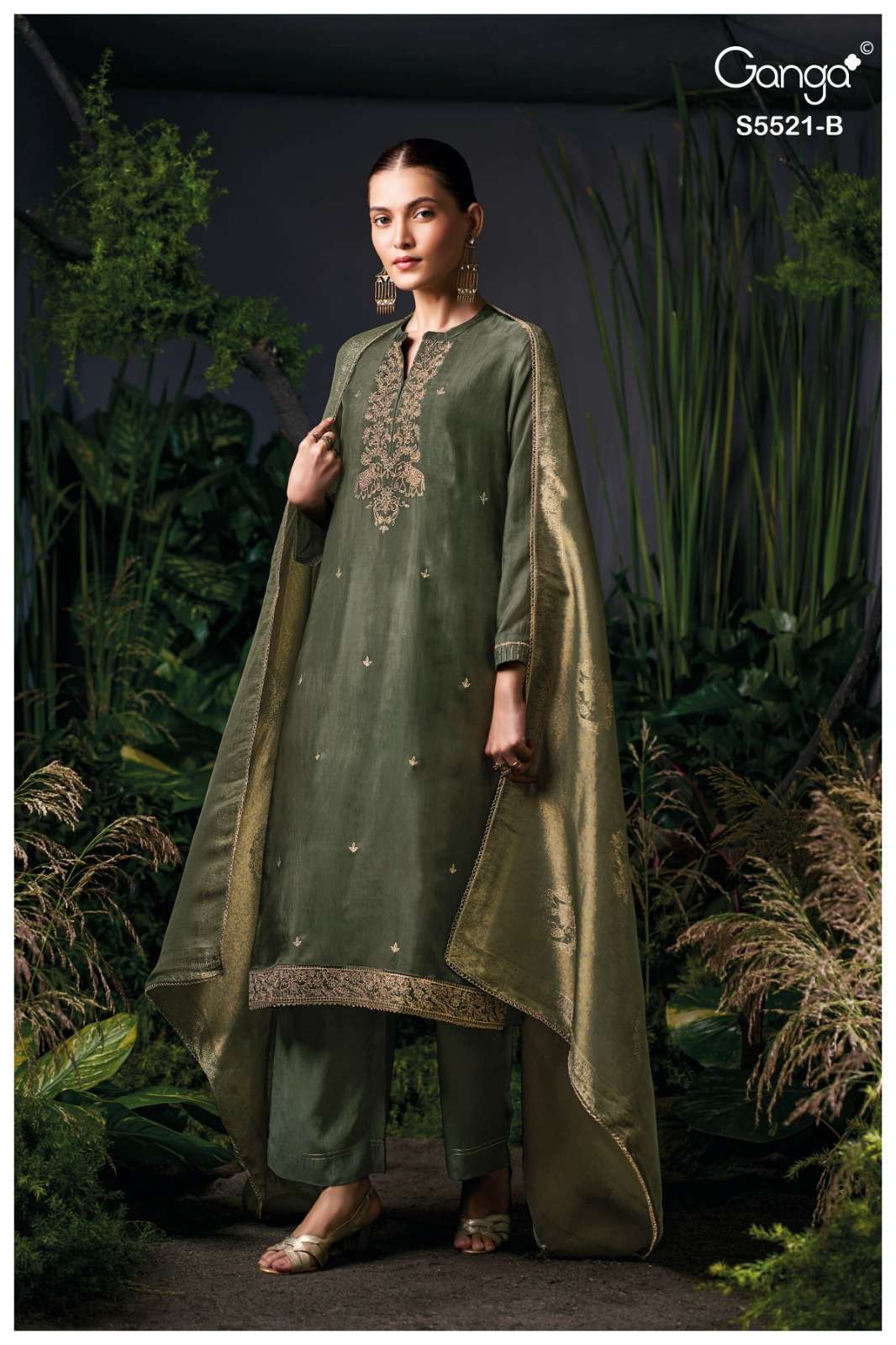 FREYNA SERIES 5521 BY GANGA DESIGNER EMBROIDERY WORK AND HAND WORK BEMBERG HABUTAI SILK SUITS ARE AVAILABLE AT WHOLESALE PRICE 