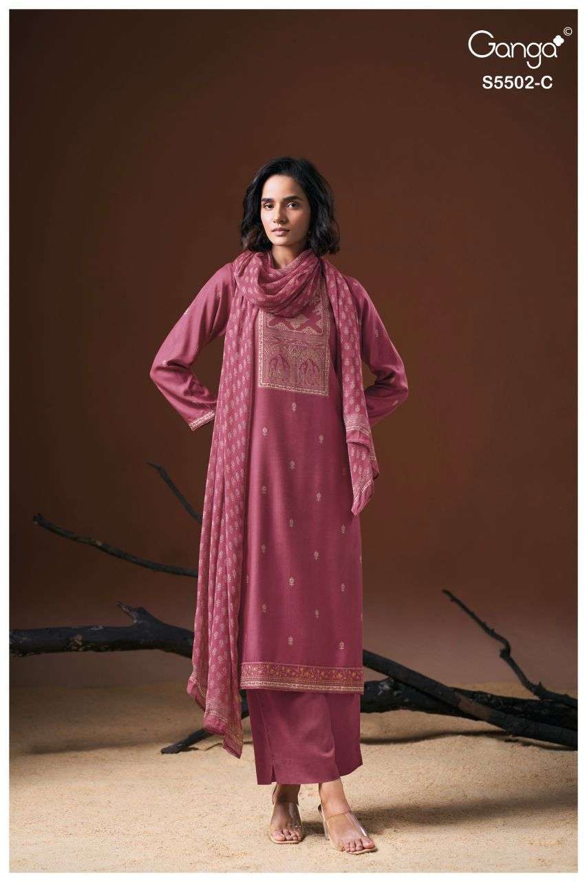 GAEVA SERIES 5502 BY GANGA DESIGNER SWAROVSKI WORK WITH PRINTED WOOL PASHMINA SUITS ARE AVAILABLE AT WHOLESALE PRICE 