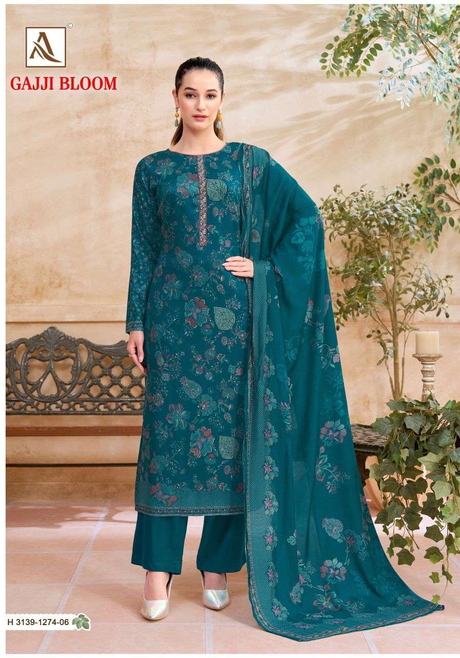GAJJI BLOOM SERIES 3139 BY ALOK SUITS DESIGNER DISCHARGE PRINT AND EMBROIDERY WORK GAJJI SUITS ARE AVAILABLE AT WHOLESALE PRICE