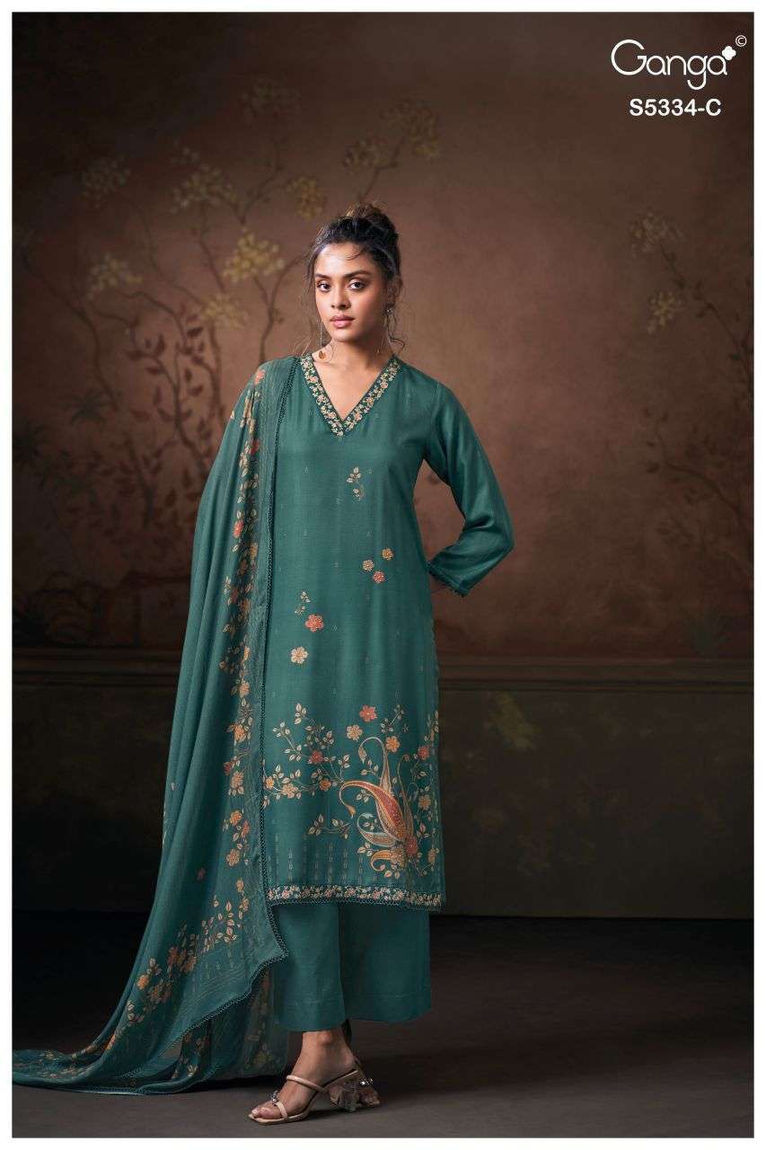 GAVIRA SERIES 5334 BY GANGA DESIGNER PRINTED WITH HAND EMBROIDERY AND HAND WORK WOOL PASHMINA SUITS ARE AVAILABLE AT WHOLESALE PRICE