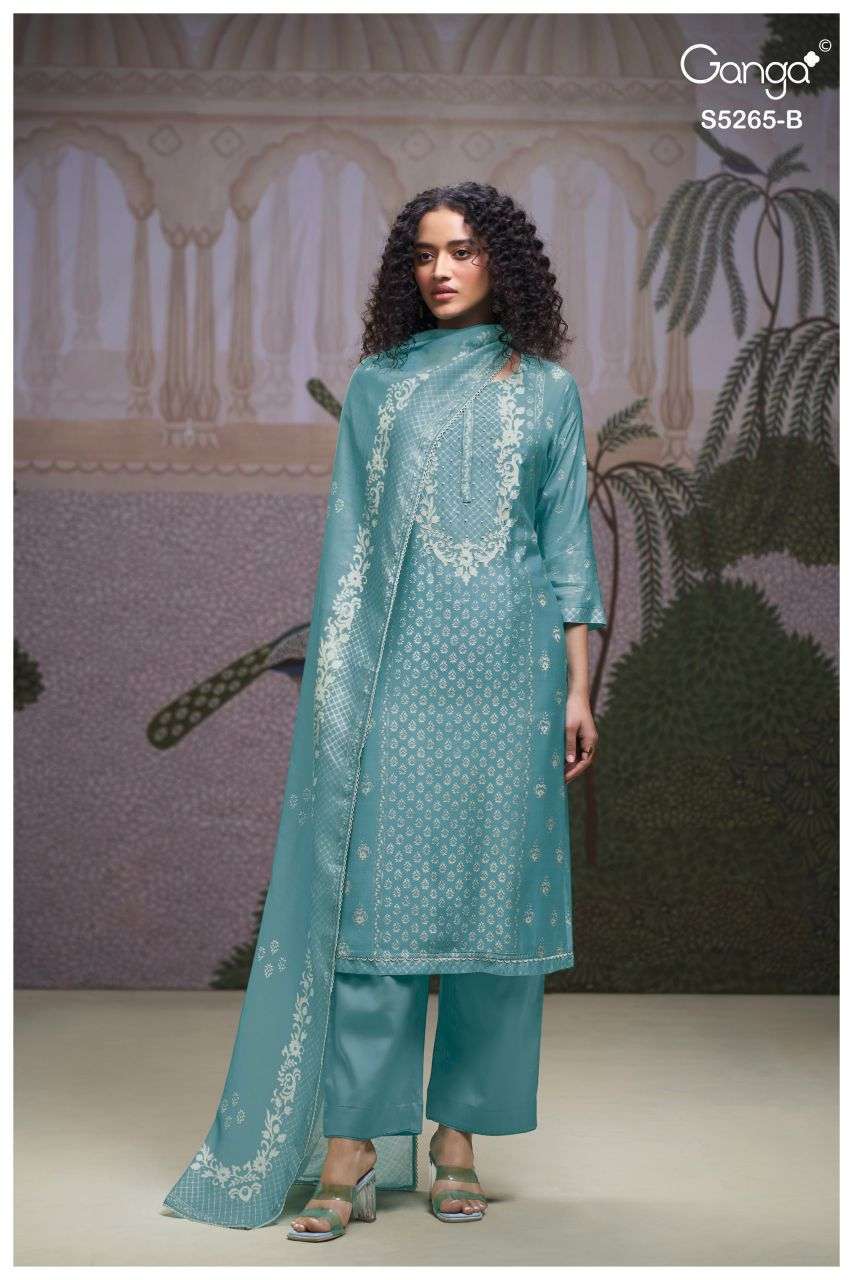 GHENA SERIES 5265 BY GANGA DESIGNER PRINTED WITH HAND WORK AND SCHIFFLI EMBROIDERY WORK COTTON SATIN SUITS ARE AVAILABLE AT WHOLESALE PRICE 