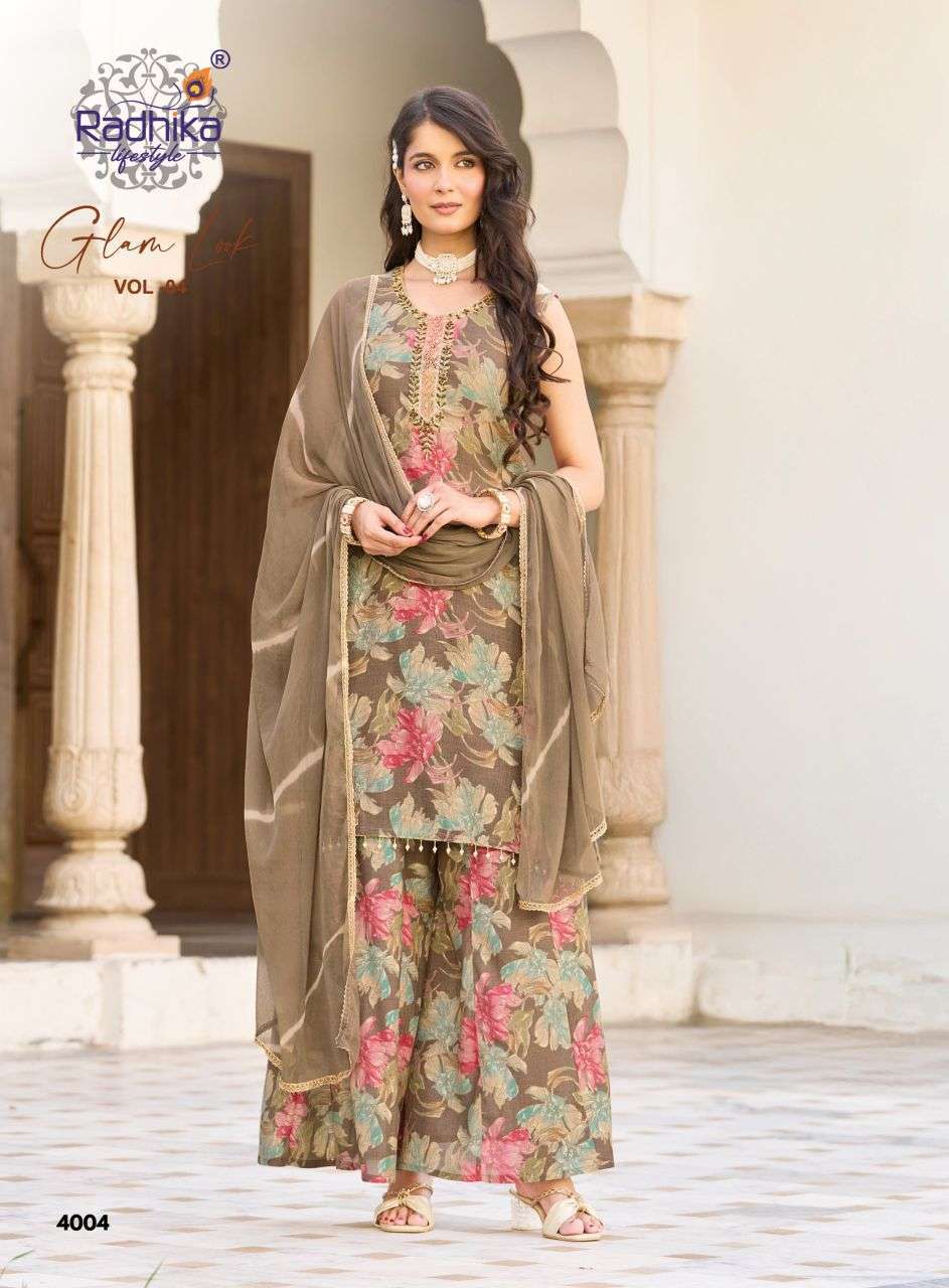 GLAM LOOK VOL-4 SERIES 4001 TO 4006 BY RADHIKA LIFESTYLE DESIGNER PRINTED AND HAND WORK MILANO SILK TOP WITH PLAZZO AND DUPATTA ARE AVAILABLE AT WHOLESALE PRICE