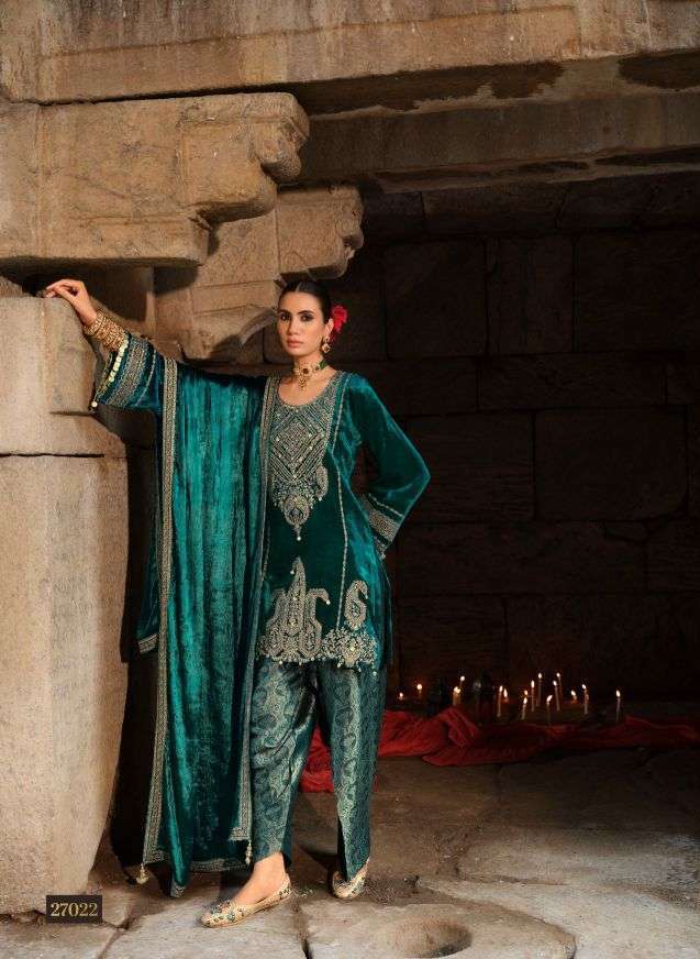 GOONJ SERIES 27021 BY IBIZA DESIGNER EMBROIDERY AND HAND WORK VISCOSE VELVET SUITS ARE AVAILABLE AT WHOLESALE PRICE