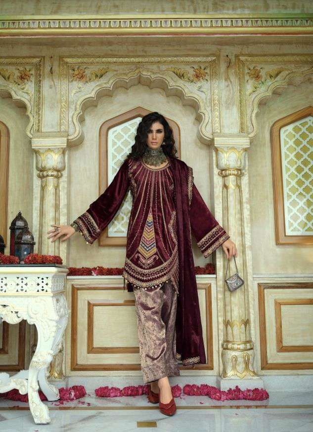 GOONJ SERIES 28001 TO 28006 BY IBIZA DESIGNER EMBROIDERY AND HAND WORK VISCOSE VELVET SUITS ARE AVAILABLE AT WHOLESALE PRICE 