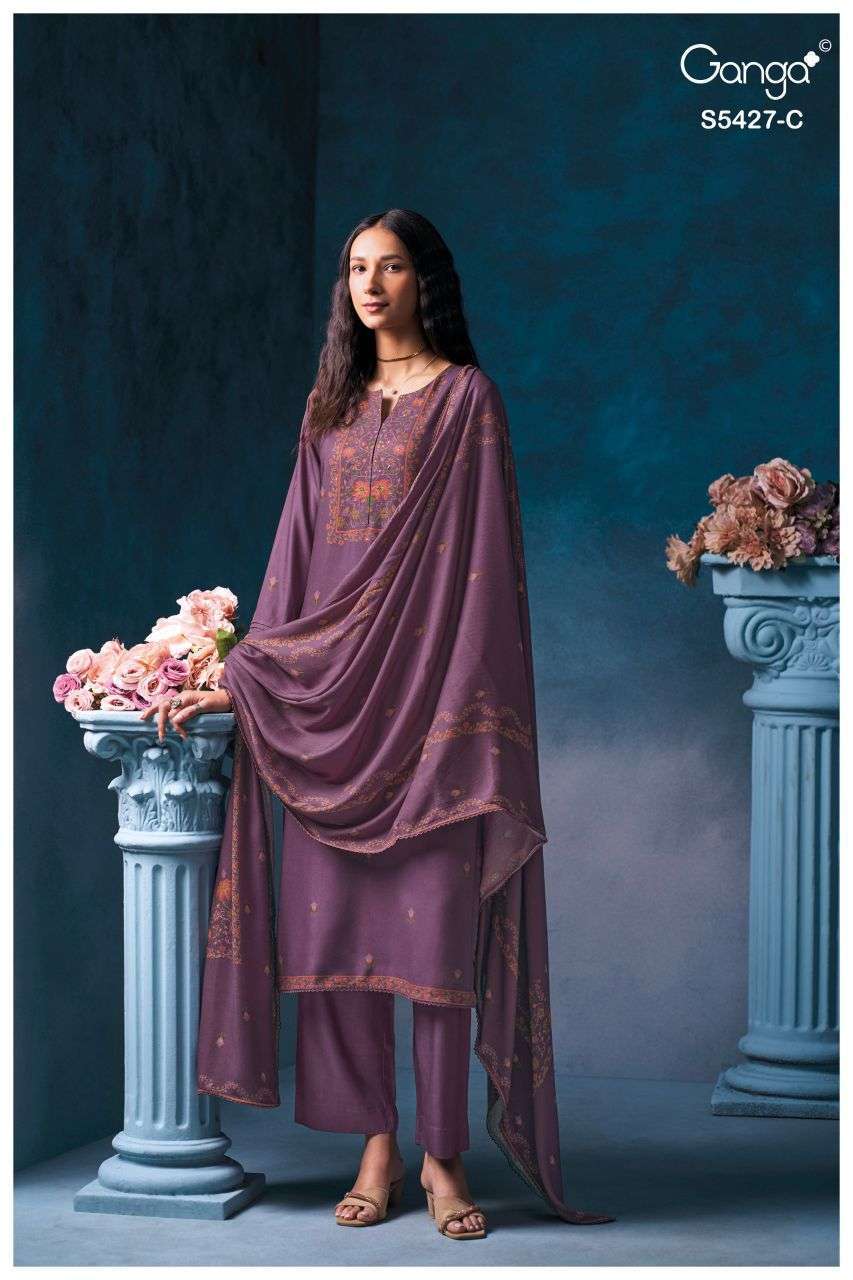 GRELIA SERIES 5427 BY GANGA DESIGNER PRINTED WITH HAND WORJ AND SCHIFFLI EMBROIDERY WORK WOOL PASHMINA SUITS ARE AVAILABLE AT WHOLESALE PRICE
