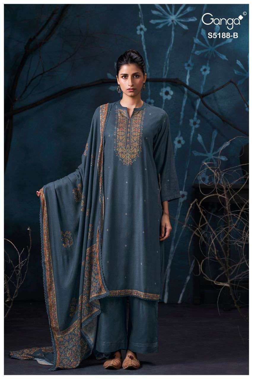 GRIEYA SERIES 5188 BY GANGA DESIGNER HAND WORK AND SCHIFFLI EMBROIDERY WORK WOOL PASHMINA SUITS ARE AVAILABLE AT WHOLESALE PRICE