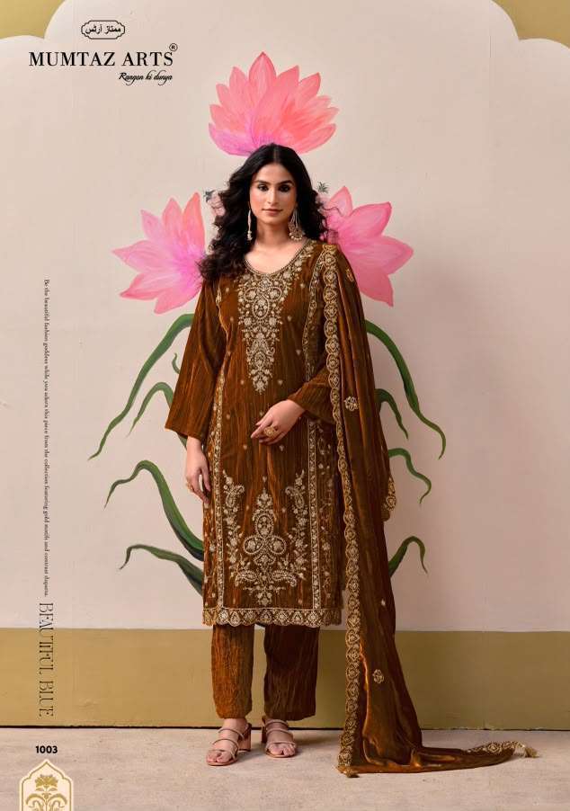 GULABI SAPNE SERIES 1001 TO 1004 BY MUMTAZ ARTS DESIGNER EMBROIDERY WORK CRUSH VELVET SUITS ARE AVAILABLE AT WHOLESALE PRICE
