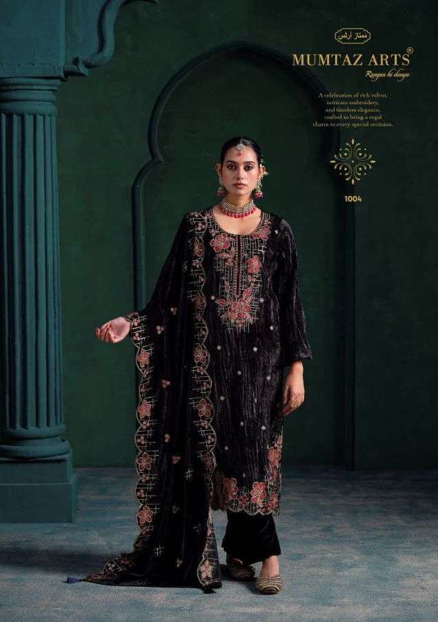 GULBAHAR SERIES 1001 TO 1004 BY MUMTAZ ARTS DESIGNER EMBROIDERY WORK CRUSH VELVET SUITS ARE AVAILABLE AT WHOLESALE PRICE