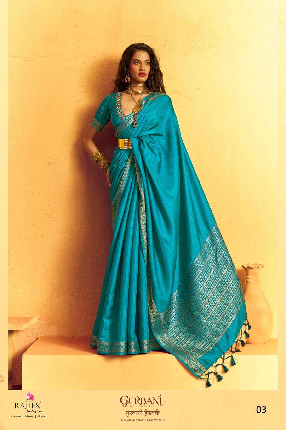 GURBANI HANDWORK SERIES 01 TO 06 SAREE BY RAJTEX DESIGNER TUSSAR SILK HANDLOOM WEAVING SAREE ARE AVAILABLE AT WHOLESALE PRICE