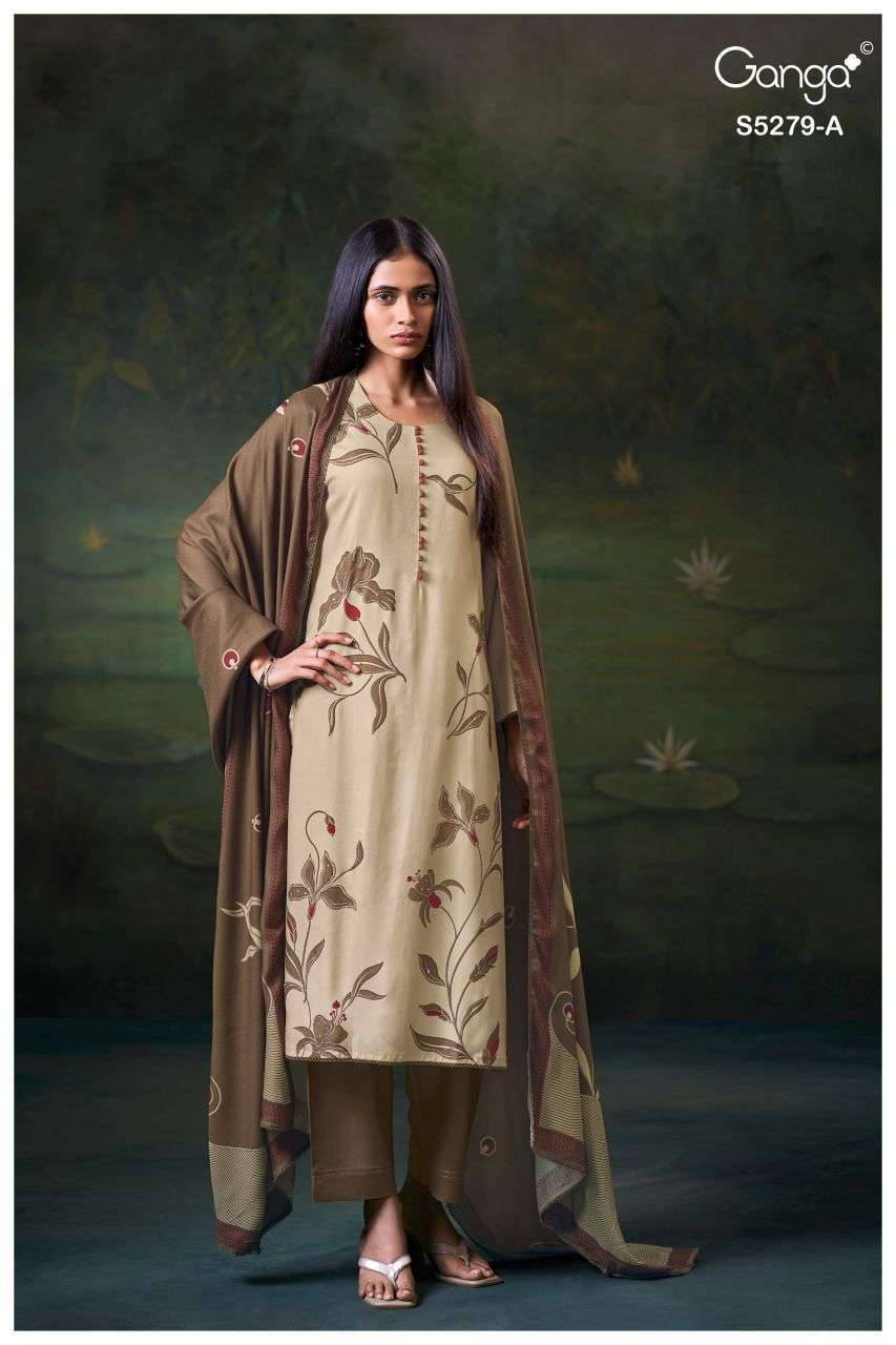 HENLEY SERIES 5279 BY GANGA DESIGNER PRINTED WITH HAND WORK AND HAND EMBROIDERY SUITS ARE AVAILABLE AT WHOLESALE PRICE