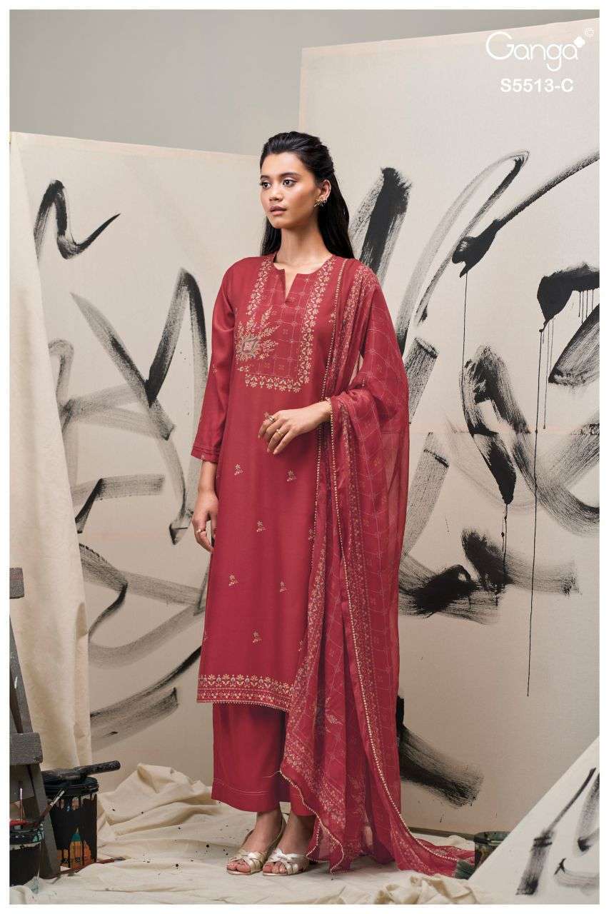 HENNAH SERIES 5513 BY GANGA DESIGNER PRINTED AND HAND WORK WOOL PASHMINA SUITS ARE AVAILABLE AT WHOLESALE PRICE