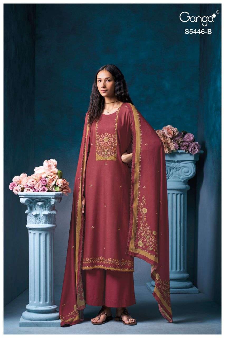 HIRALYA SERIES 5446 BY GANGA DESIGNER PRINTED WITH EMBROIDERY AND HAND WORK WOOL PASHMINA SUITS ARE AVAILABLE AT WHOLESALE PRICE