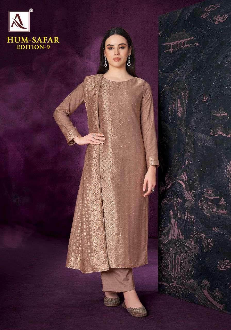 HUM SAFAR EDITION-9 SERIES 1227 BY ALOK SUITS DESIGNER HAND WORK VISCOSE MUSLIN JACQUARD SUITS ARE AVAILABLE AT WHOLESALE PRICE
