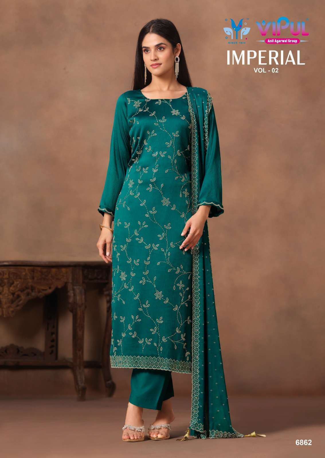 IMPERIAL VOL-2 SERIES 6861 TO 6866 BY VIPUL DESIGNER ZARKAN AND BEADS WORK SATIN CHIFFON SUITS ARE AVAILABLE AT WHOLESALE PRICE 