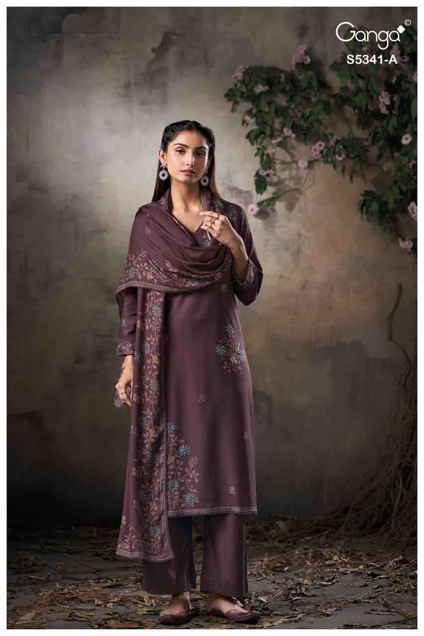 IVENEL SERIES 5341 BY GANGA DESIGNER PRINTED WITH HAND WORK AND SCHIFFLI EMBROIDERY WORK WOOL PASHMINA SUITS ARE AVAILABLE AT WHOLESALE PRICE 