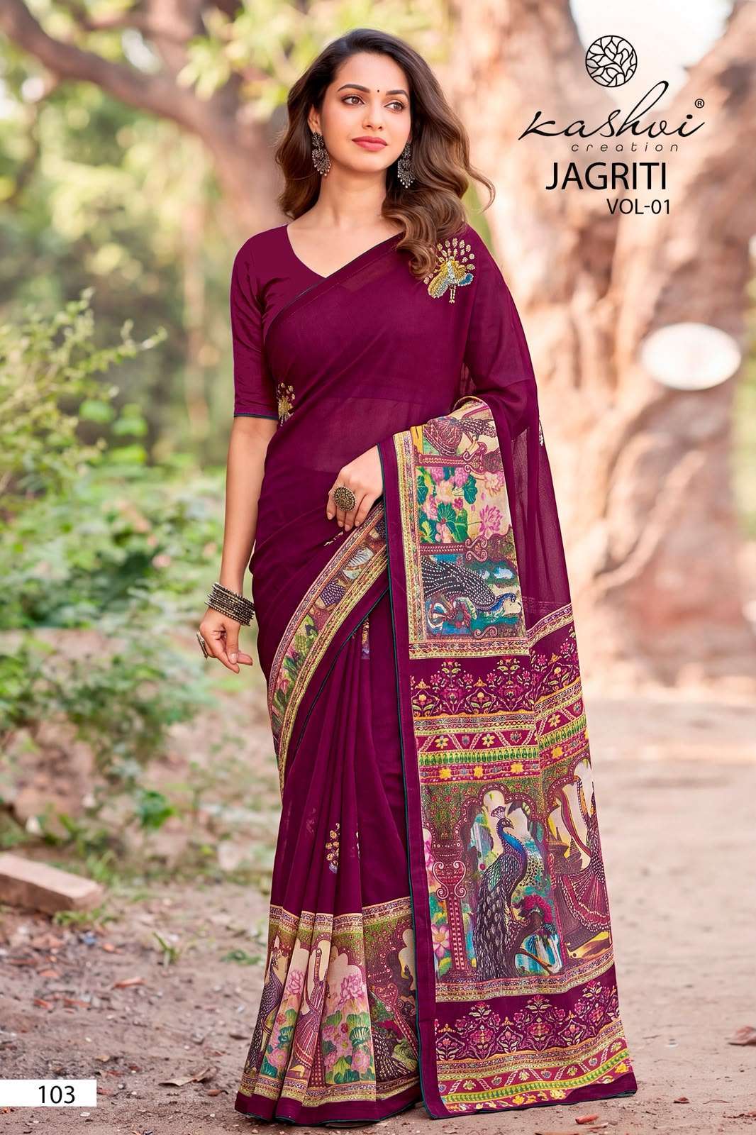 JAGRITI VOL-1 SERIES 101 TO 108 SAREE BY KASHVI DESIGNER DULL MOSS FOIL PRINT WITH SWAROVSKI WORK SAREE ARE AVAILABLE AT WHOLESALE PRICE