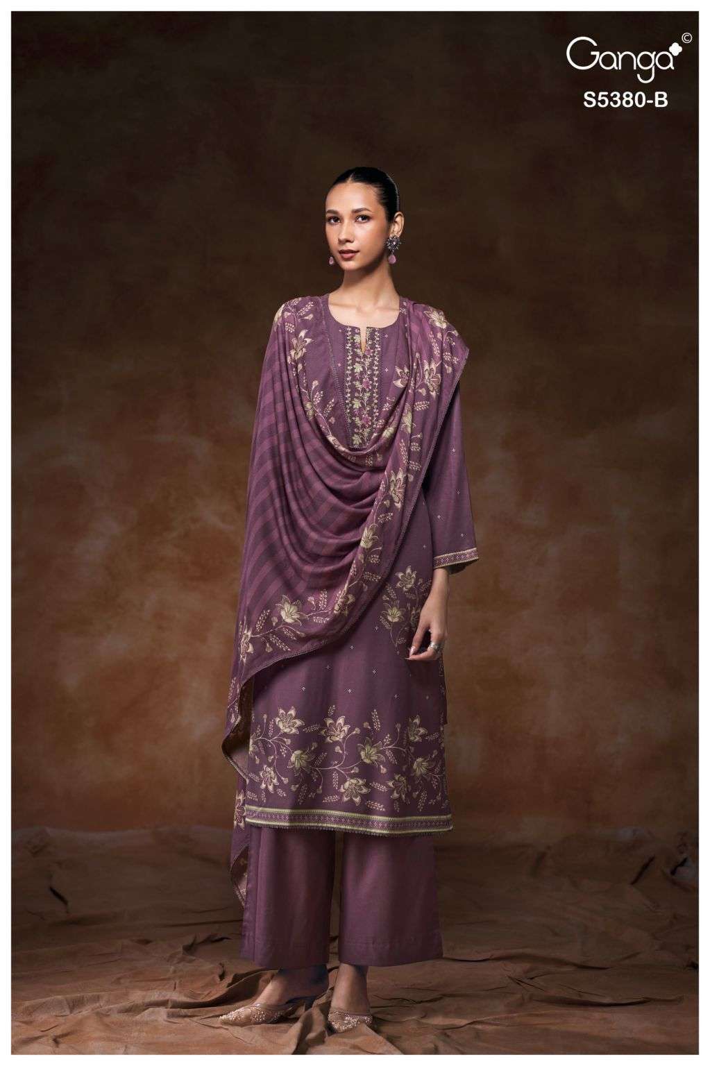 JAIRA SERIES 5380 BY GANGA DESIGNER PRINTED WITH EMBROIDERY WORK AND SCHIFFLI EMBROIDERY WORK WOOL PASHMINA SUITS ARE AVAILABLE AT WHOLESALE PRICE