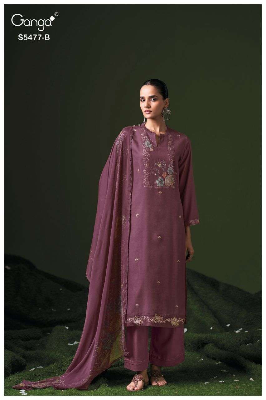 JANINE SERIES 5477 BY GANGA DESIGNER PRINTED WITH SWAROVSKI WORK WOOL PASHMINA SUITS ARE AVAILABLE AT WHOLESALE PRICE