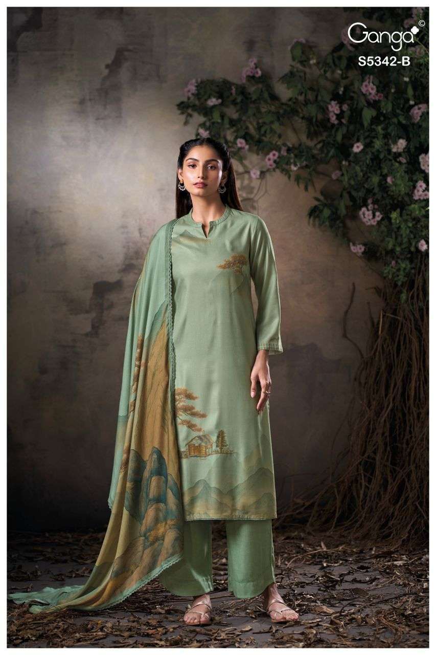 JOREIN SERIES 5342 BY GANGA DESIGNER PRINTED WITH HAND WORJ AND SCHIFFLI EMBROIDERY WORK WOOL PASHMINA SUITS ARE AVAILABLE AT WHOLESALE PRICE