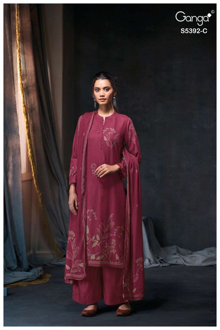 JOVELA SERIES 5392 BY GANGA DESIGNER PRINTED WITH HAND WORK AND EMBROIDERY WORK WOOL PASHMINA SUITS ARE AVAILABLE AT WHOLESALE PRICE