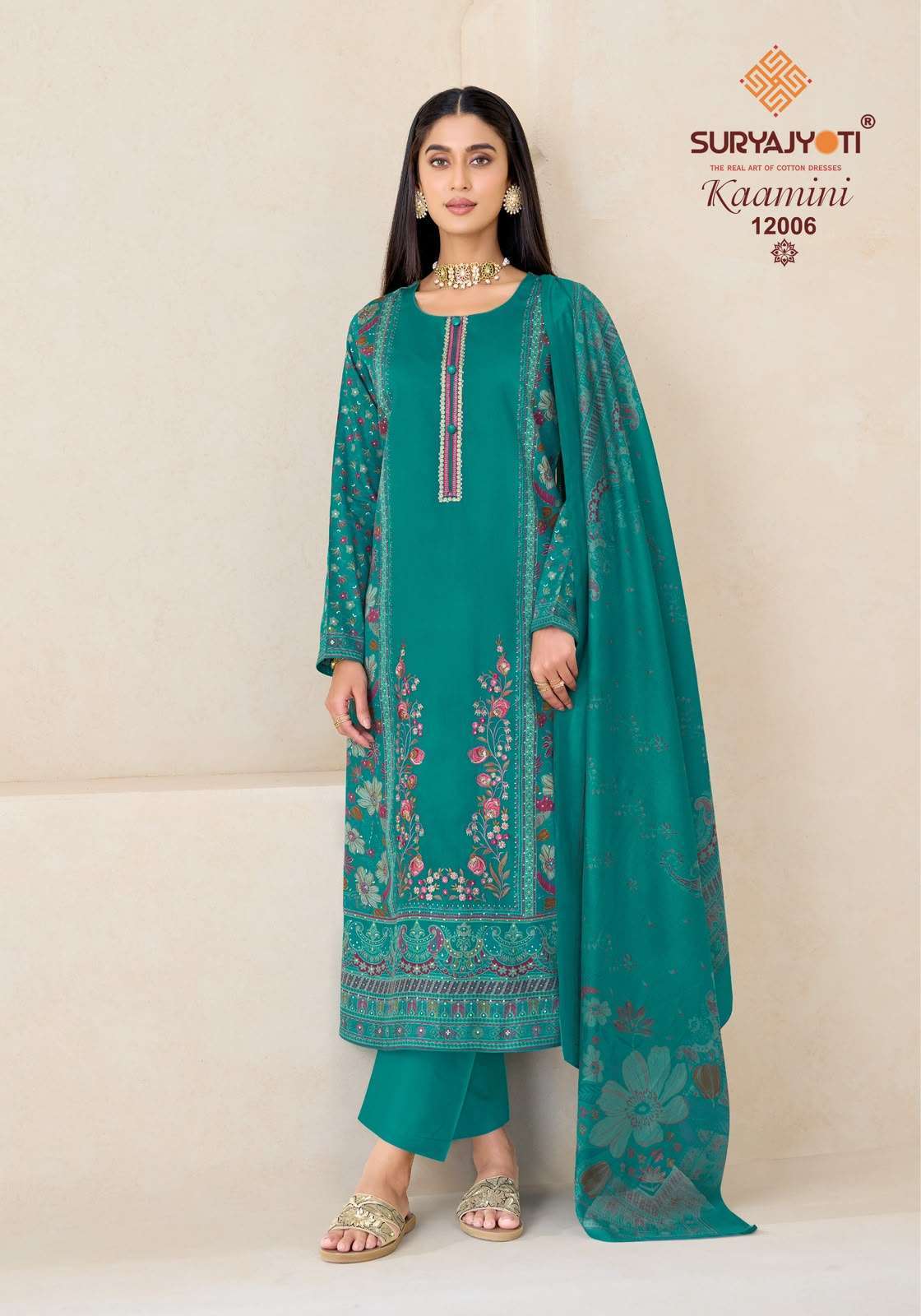KAAMINI VOL-12 SERIES 12001 TO 12006 BY SURYAJYOTI DESIGNER JAM SATIN DISCHARGE PRINT WITH FOIL AND FULL TOP FANCY EMBROIDERY WORK SUITS ARE AVAILABLE AT WHOLESALE PRICE