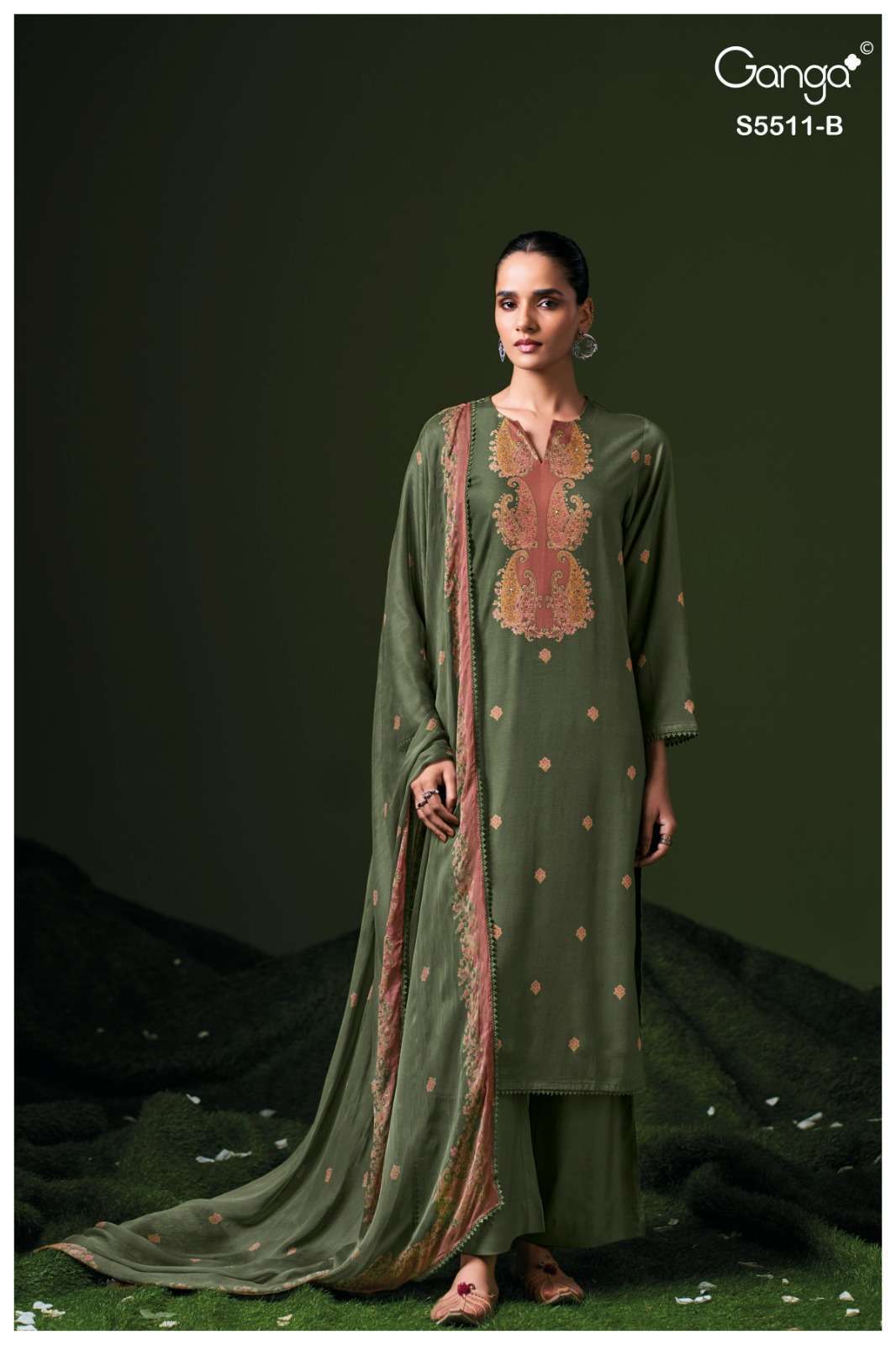 KAASLIR SERIES 5511 BY GANGA DESIGNER PRINTED WITH HAND WORK AND SCHIFFLI EMBROIDERY WORK WOOL PASHMINA SUITS ARE AVAILABLE AT WHOLESALE PRICE 