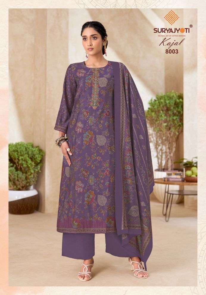 KAJAL VOL-8 SERIES 8001 TO 8006 BY SURYAJYOTI DESIGNER MODAL SILK DISCHARGE PRINT AND EMBROIDERY WORK SUITS ARE AVAILABLE AT WHOLESALE PRICE