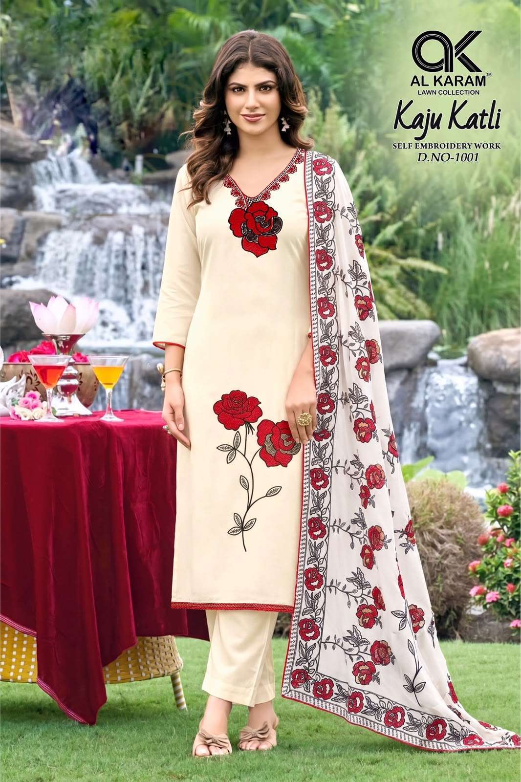 KAJU KATLI SERIES 1001 TO 1004 BY AL KARAM DESIGNER EMBROIDERY WORK RAYON SUITS ARE AVAILABLE AT WHOLESALE PRICE
