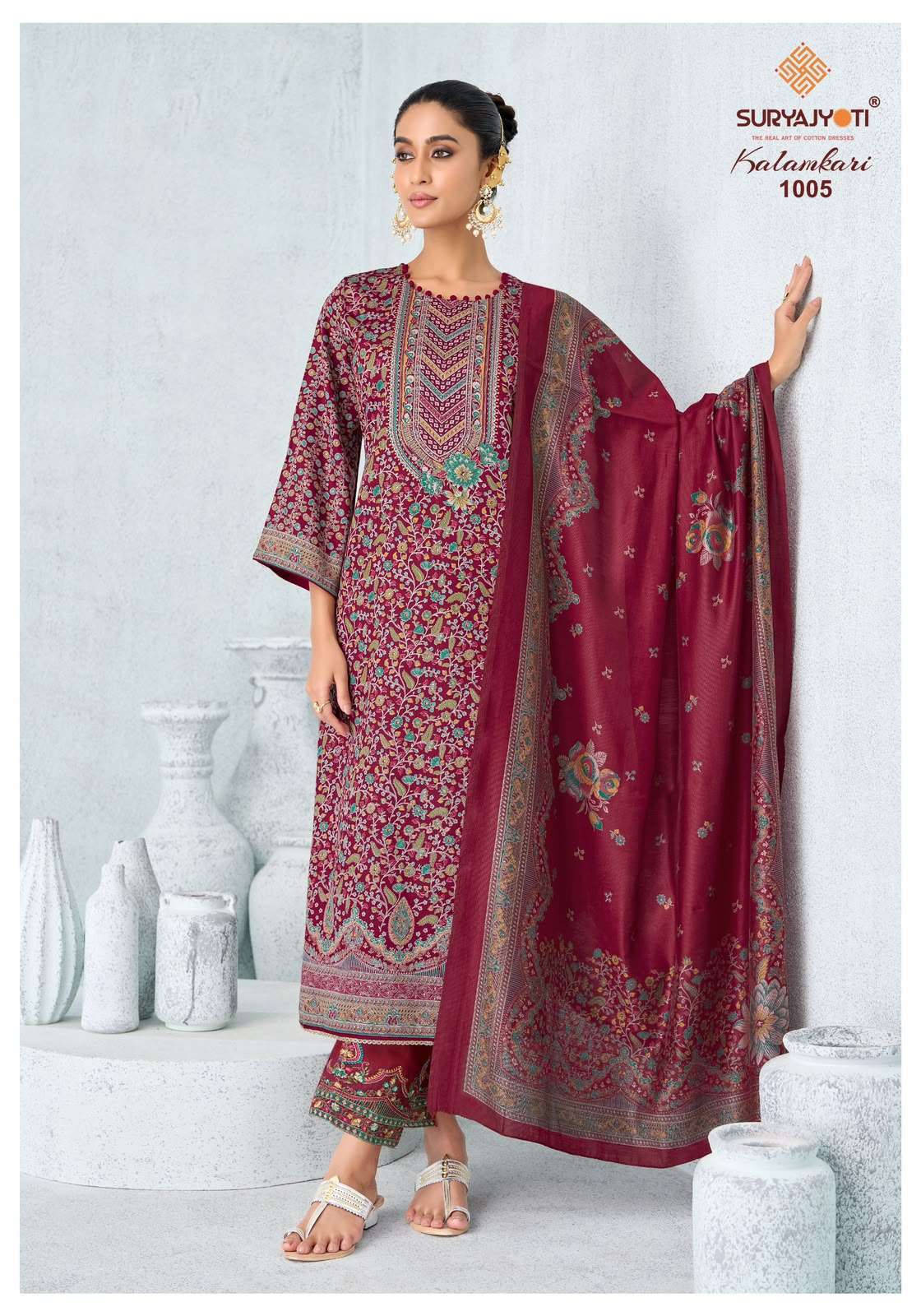 KALAMKARI VOL-1 SERIES 1001 TO 1006 BY SURYAJYOTI DESIGNER DISCHARGE PRINT FOIL WORK JAM SATIN SUITS ARE AVAILABLE AT WHOLESALE PRICE