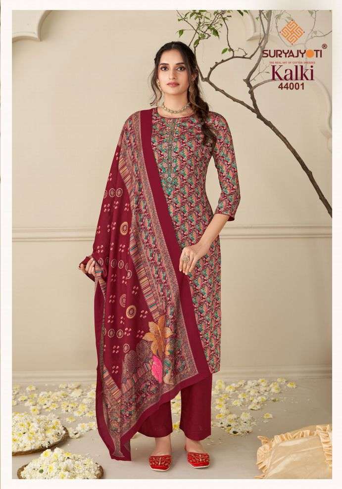 KALKI VOL-44 SERIES 44001 TO 44008 BY SURYAJYOTI DESIGNER WITH DISCHARGE PRINTED AND WORK JAM SATIN SUITS ARE AVAILABLE AT WHOLESALE PRICE