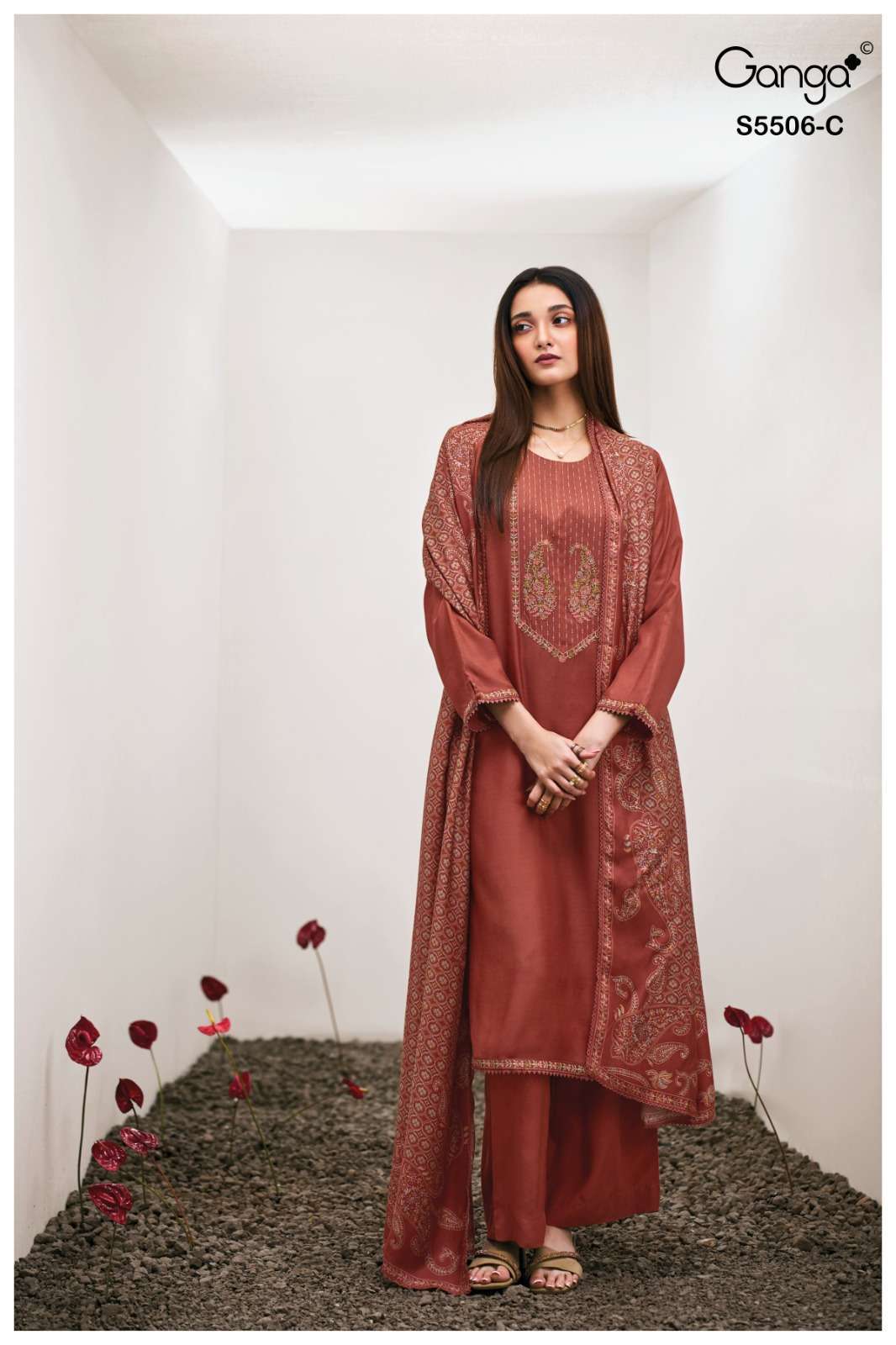KANITA SERIES 5506 BY GANGA DESIGNER EMBROIDERY WORK BEMBERG SILK PASHMINA SUITS ARE AVAILABLE AT WHOLESALE PRICE 