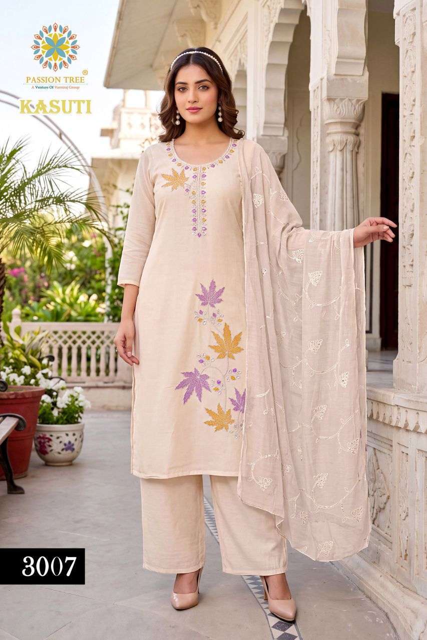 KASAUTI VOL-3 SERIES 3001 TO 3008 BY PASSION TREE DESIGNER BEADS EMBROIDERY WORK MUL CHANDERI TOP WITH BOTTOM AND DUPATTA ARE AVAILABLE AT WHOLESALE PRICE